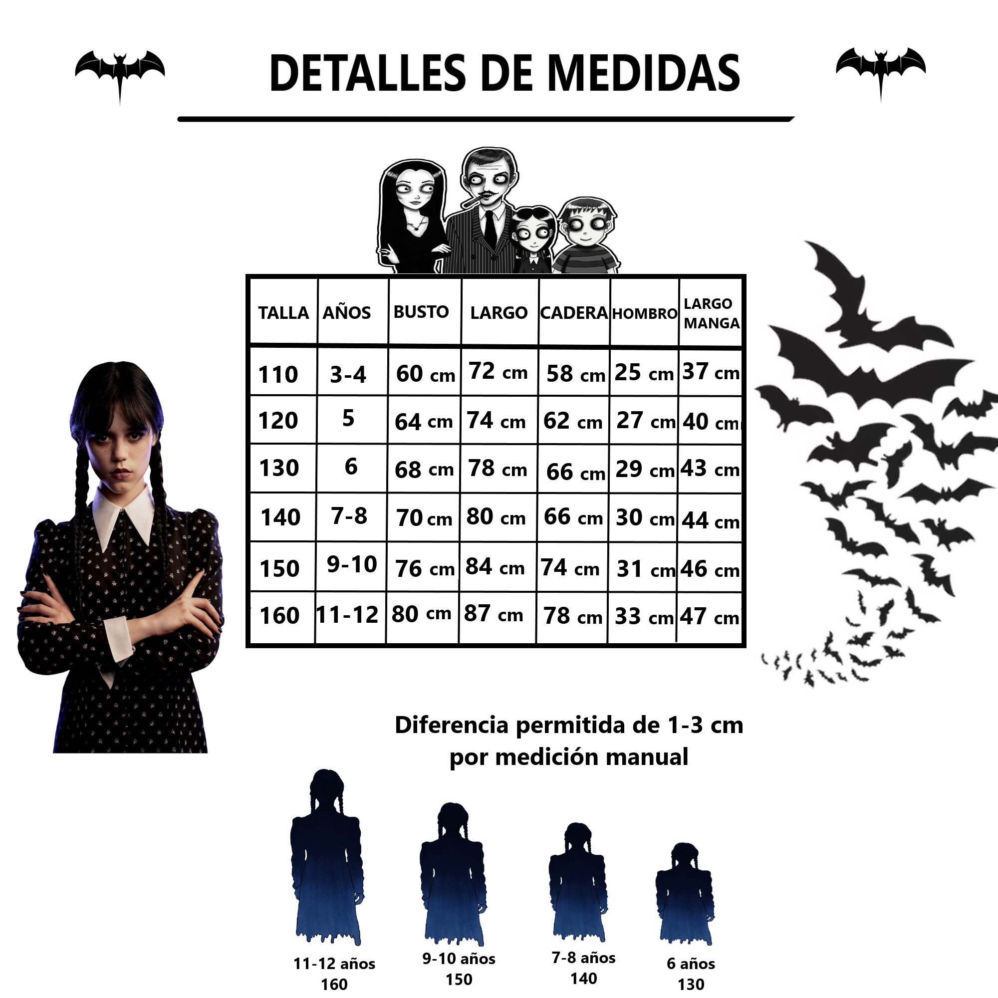 Disfraz alusivo a la historia de Merlina Vestido Manga Larga Con Estampado 