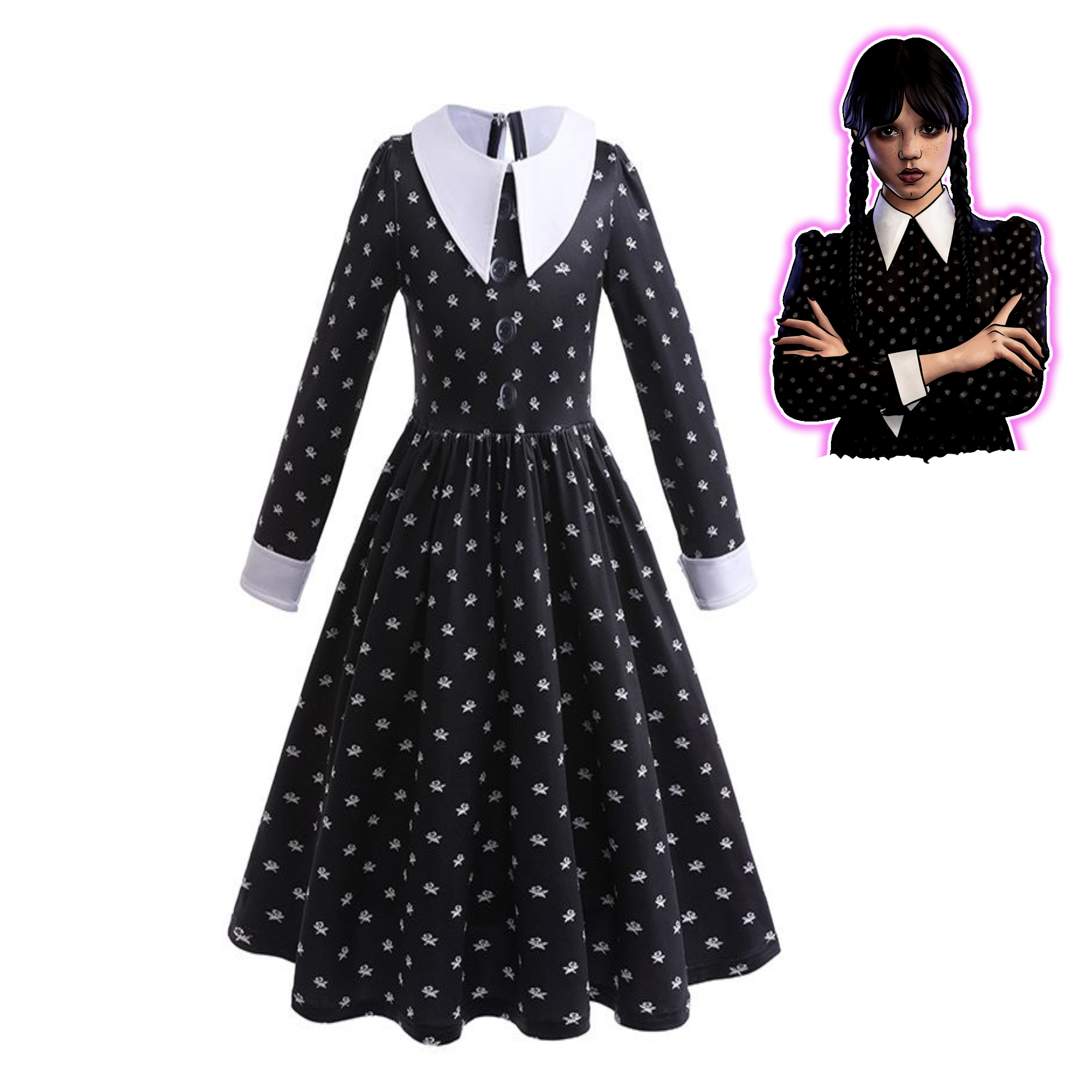 Disfraz alusivo a la historia de Merlina Vestido Manga Larga Con Estampado 