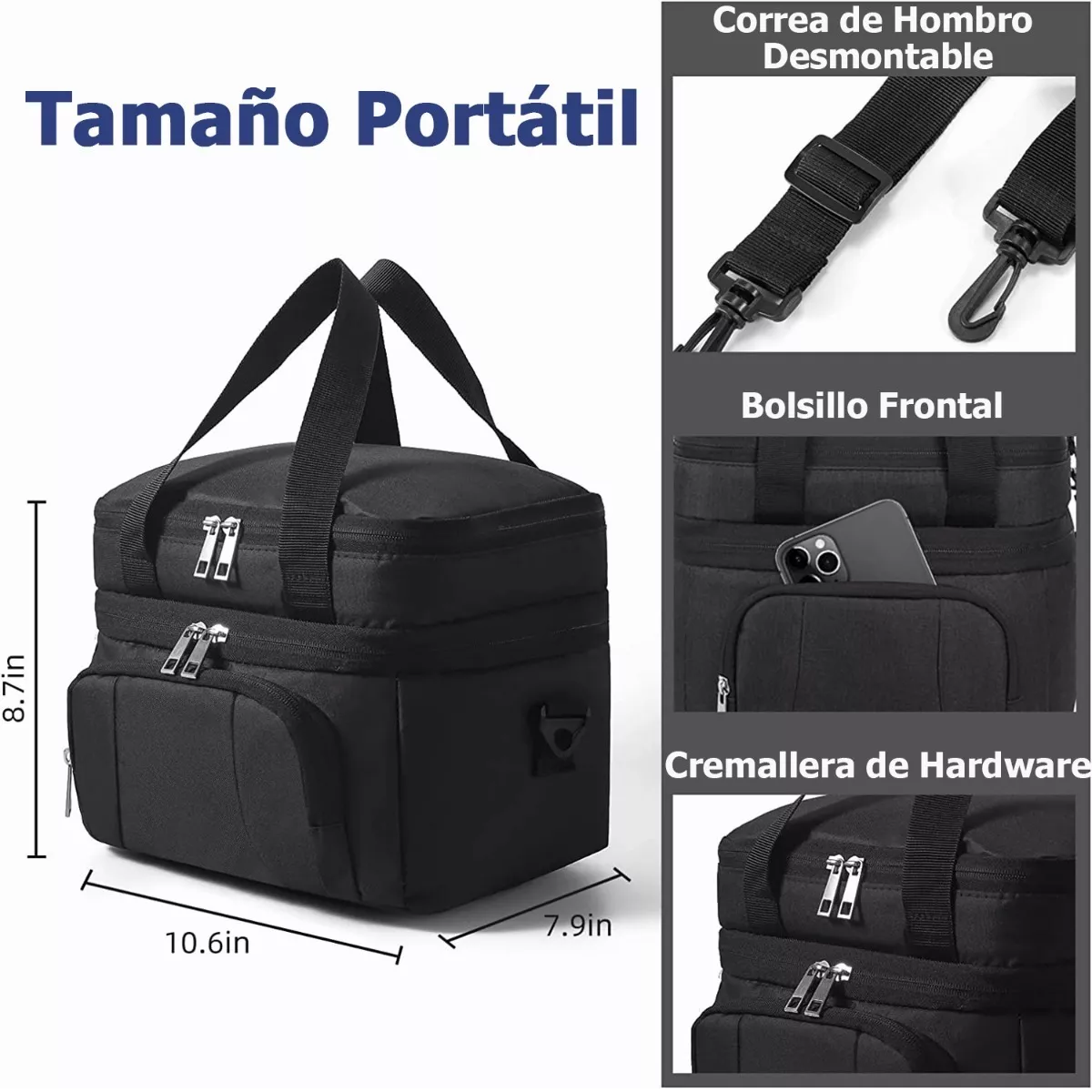 Loncheras Termicas Aislante De Gran Portátil Escuela,trabajo Negro