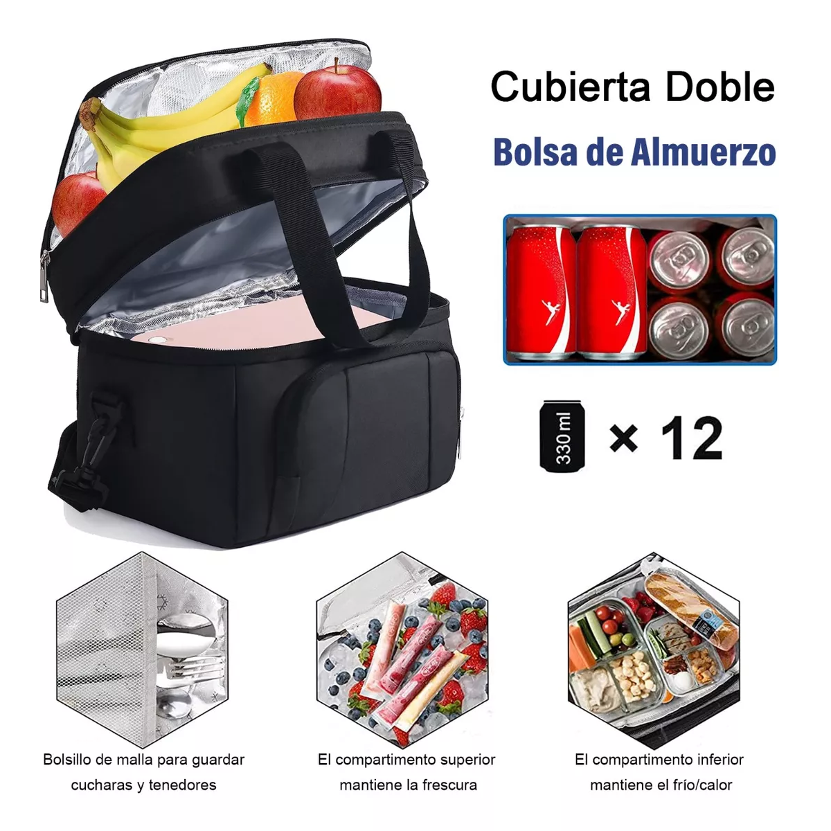 Loncheras Termicas Aislante De Gran Portátil Escuela,trabajo Negro