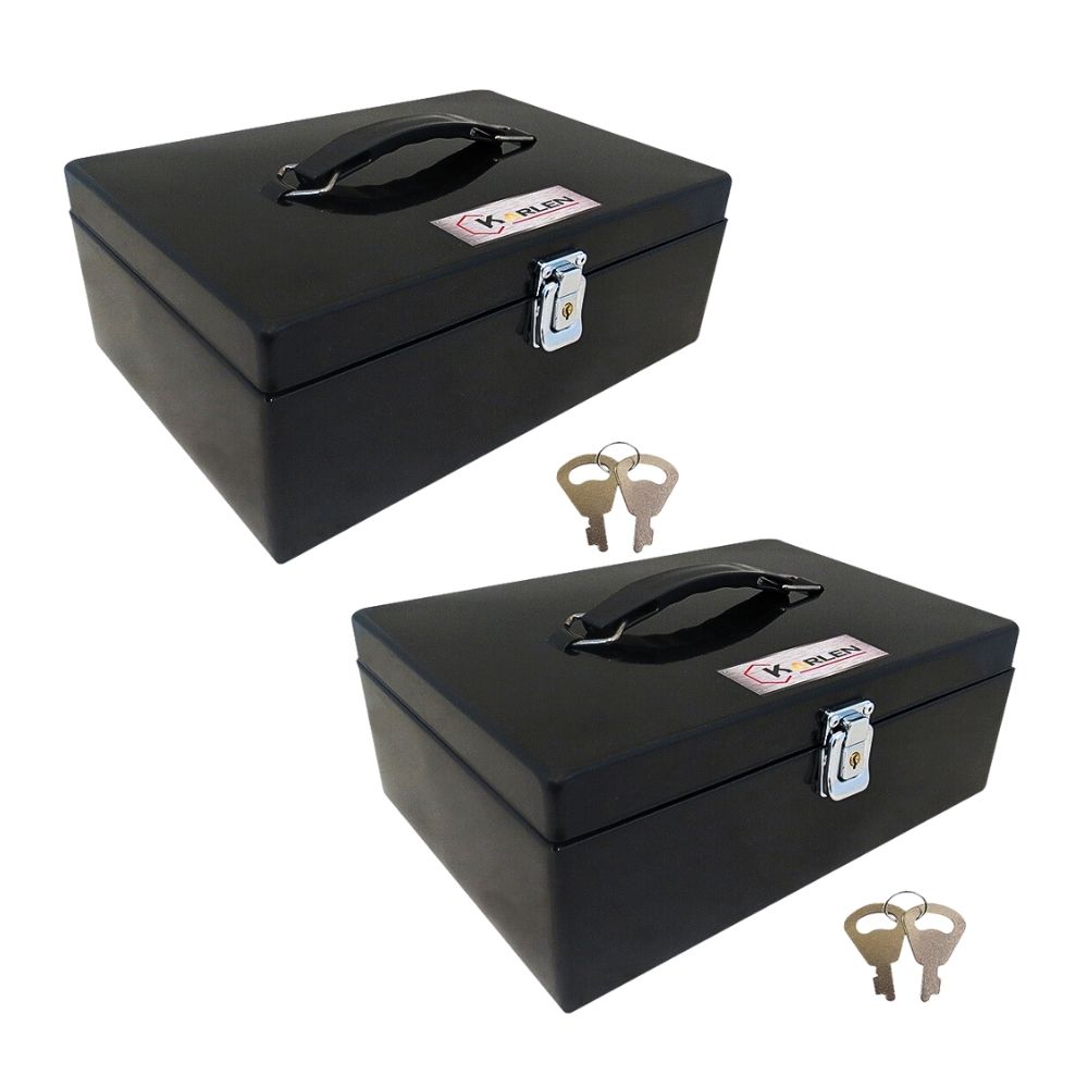 2  Unidades Caja metalica de seguridad para efectivo con llave de 7 divisiones Karlen de 29.5x19.5x10cm Color negro