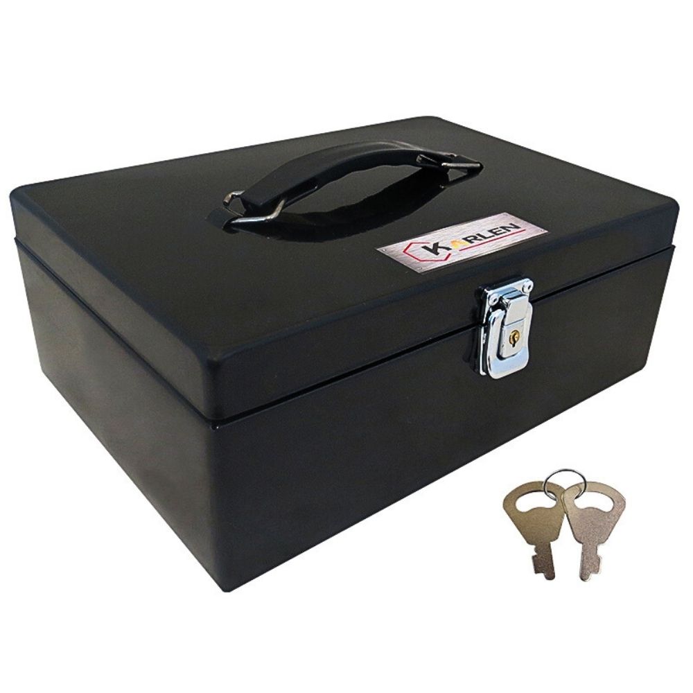 2  Unidades Caja metalica de seguridad para efectivo con llave de 7 divisiones Karlen de 29.5x19.5x10cm Color negro