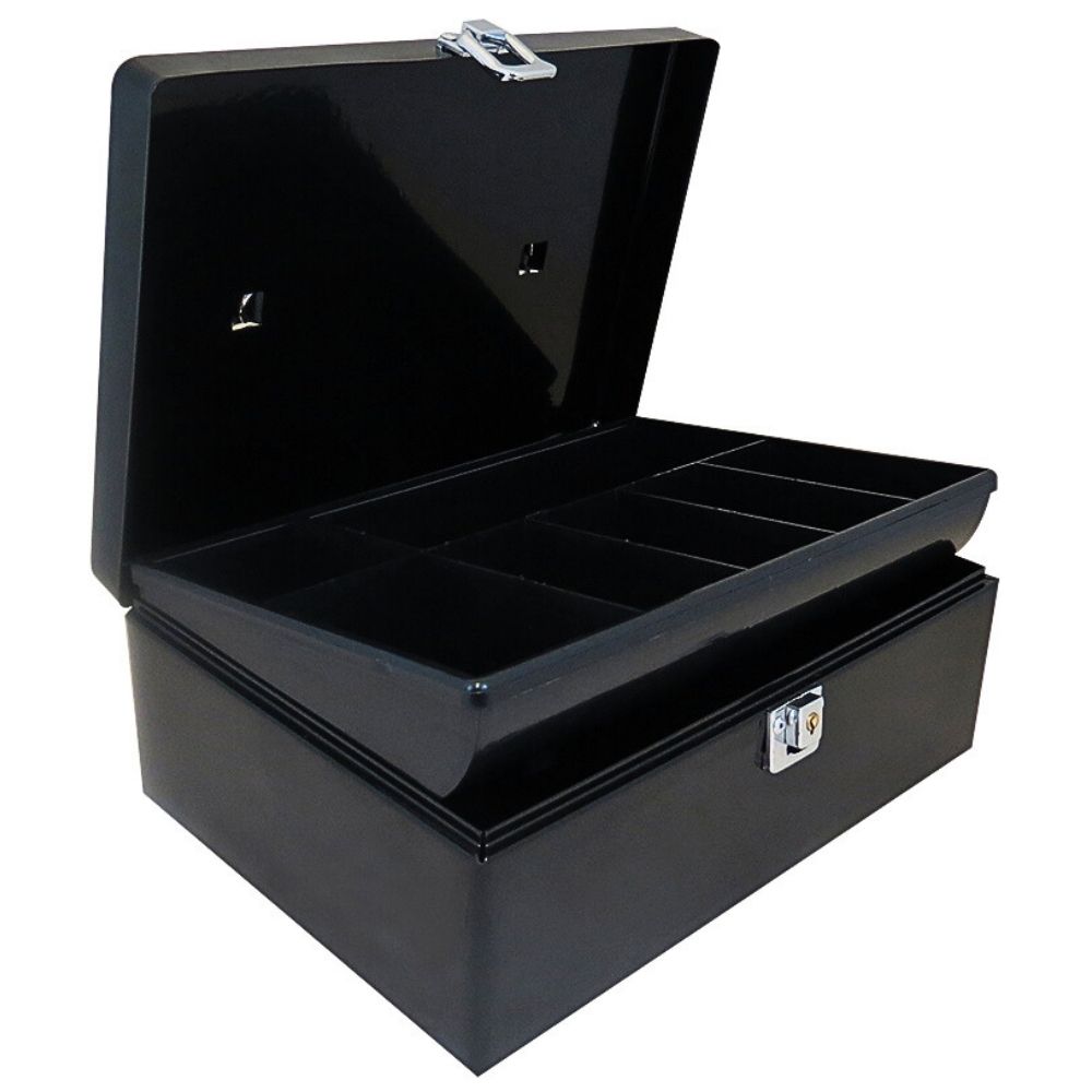 2  Unidades Caja metalica de seguridad para efectivo con llave de 7 divisiones Karlen de 29.5x19.5x10cm Color negro