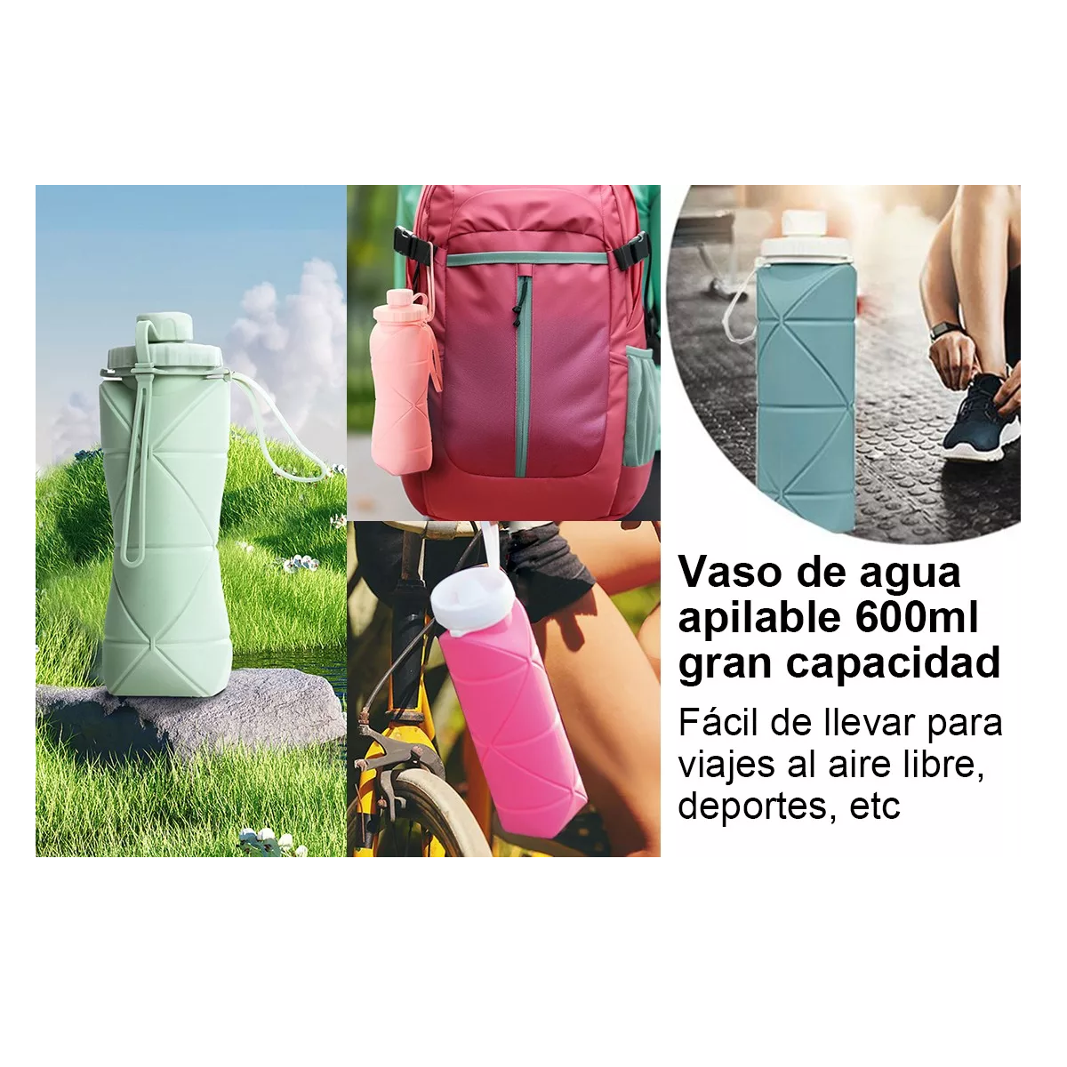 Botella Agua Plegable Silicon Viaje Oficina Fitness Vaso Rosa