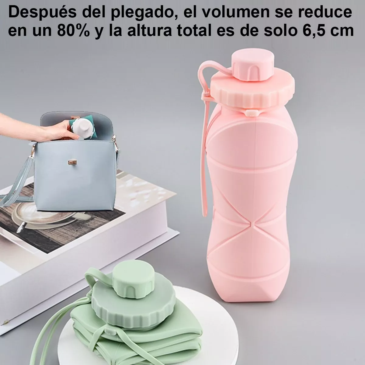 Botella Agua Plegable Silicon Viaje Oficina Fitness Vaso Rosa