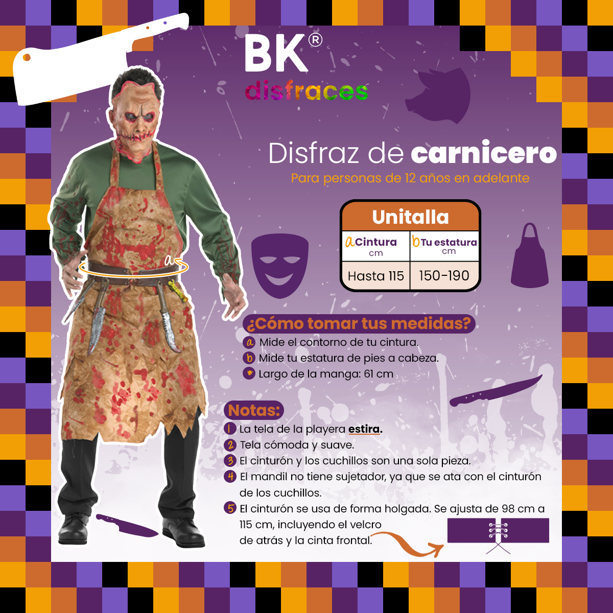 Disfraz de Halloween carnicero de tela fiesta disfraces día de muertos unitalla adulto