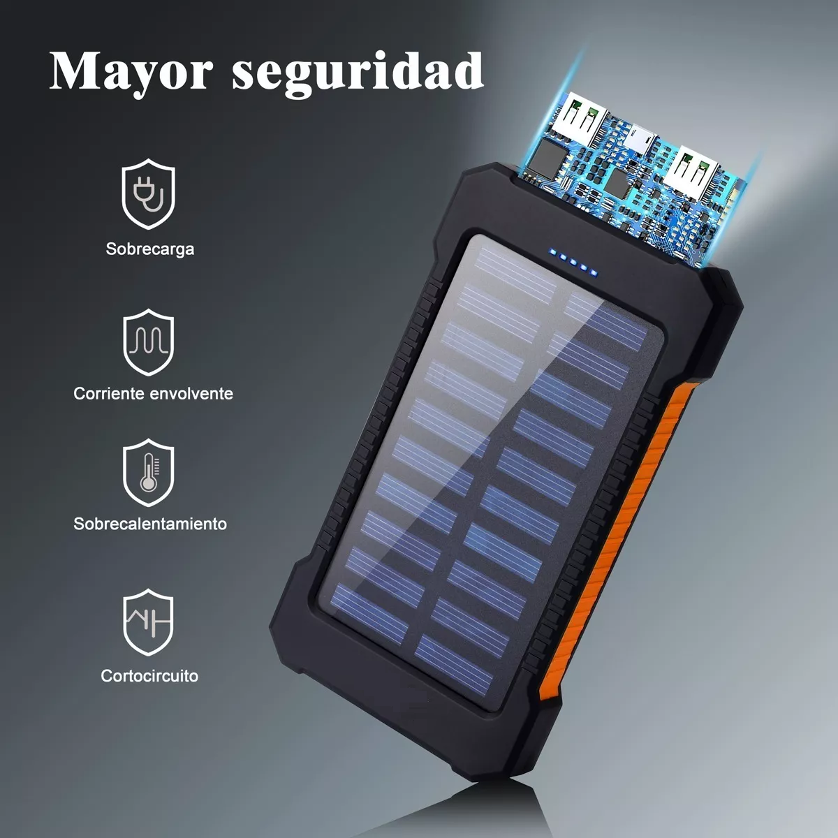 Solar Power Bank Portatil 12000mah Dual Puerto Con Linterna Naranja