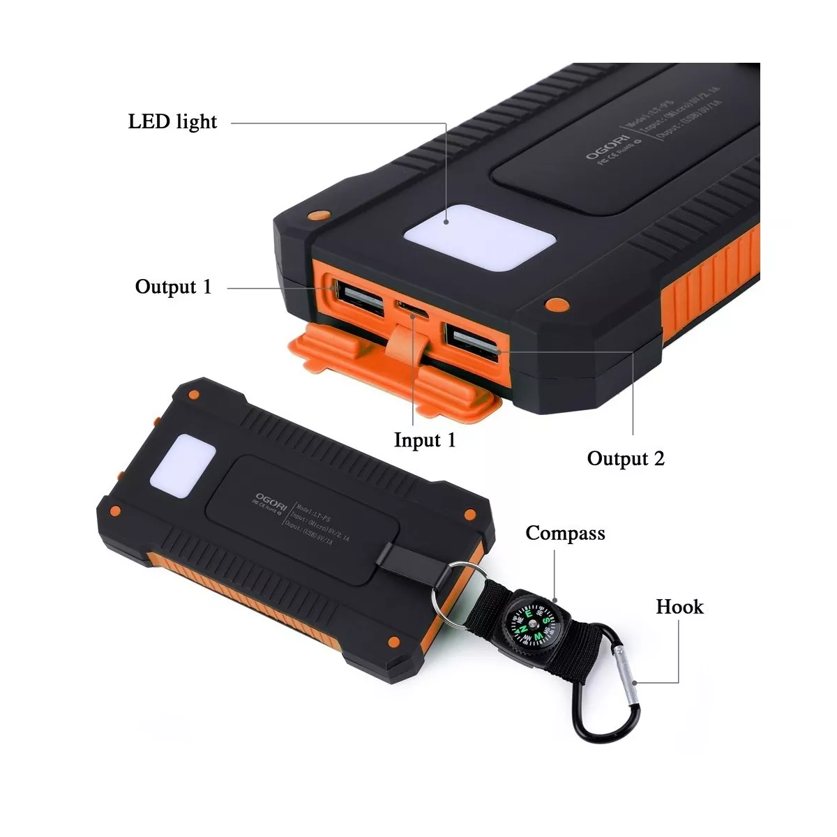 Solar Power Bank Portatil 12000mah Dual Puerto Con Linterna Naranja