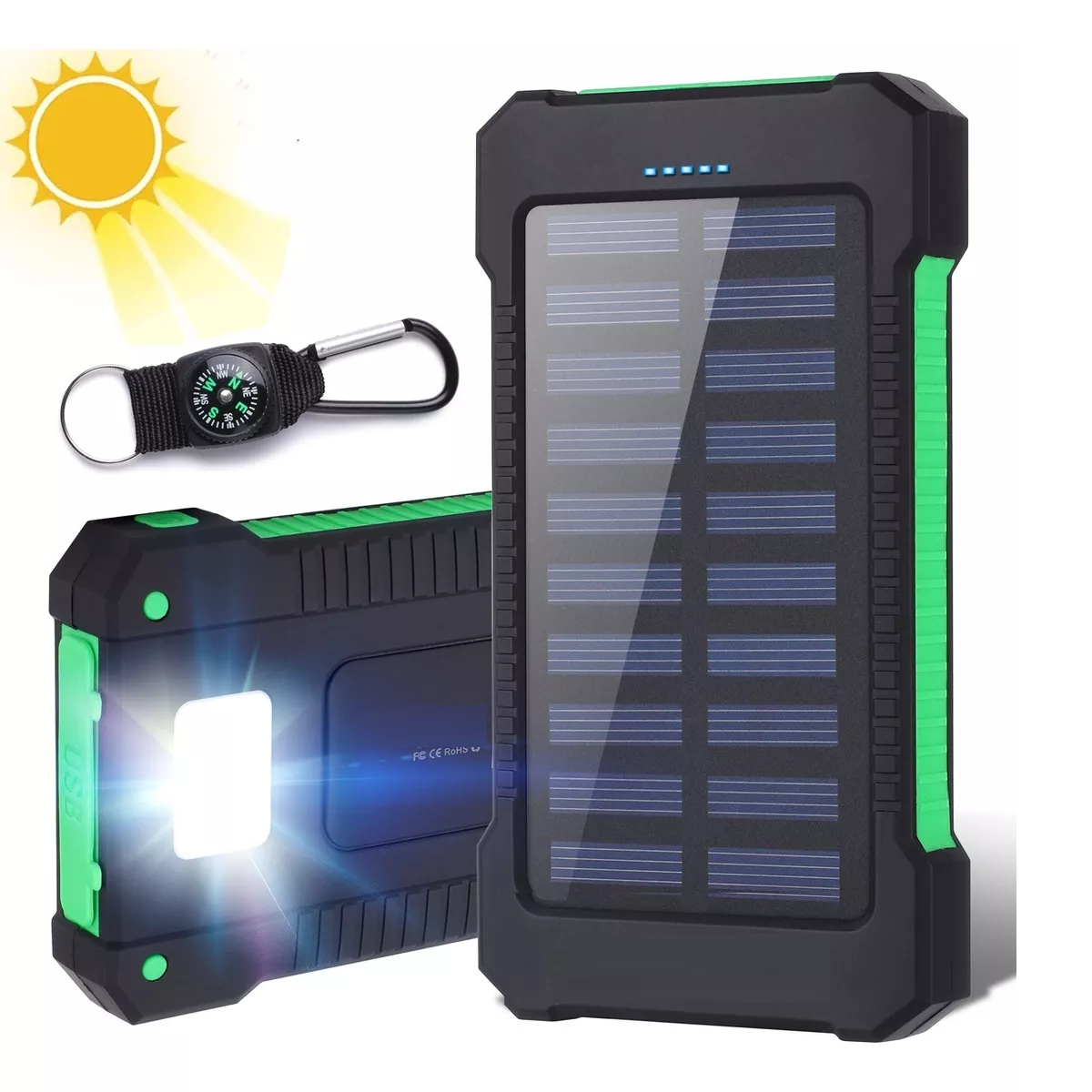 Solar Power Bank Portatil 12000mah Dual Puerto Con Linterna Verde