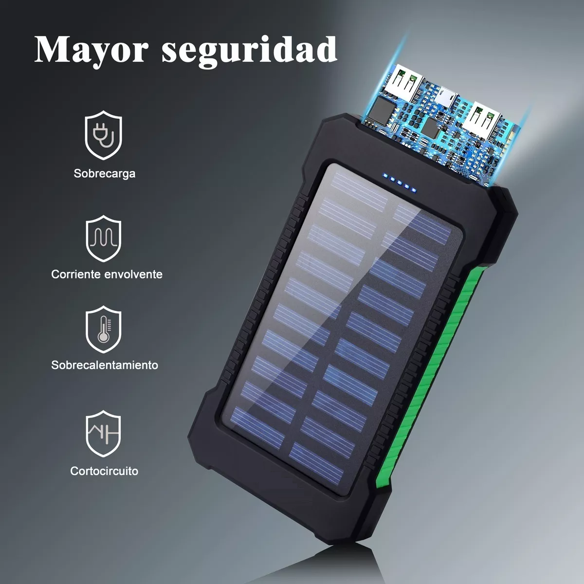 Solar Power Bank Portatil 12000mah Dual Puerto Con Linterna Verde