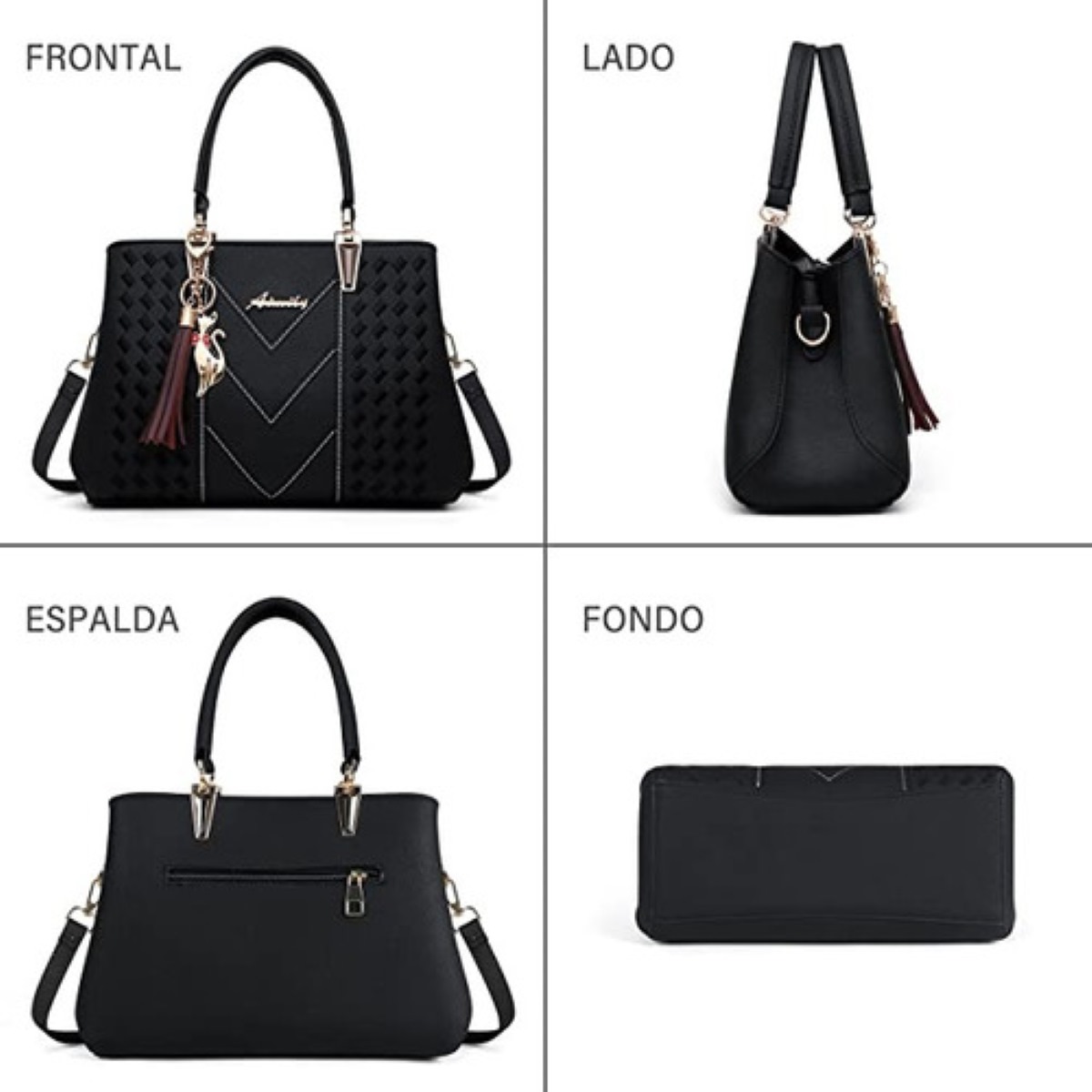 Bolsa Mano Para Mujer De Moda Negro con gato colgante