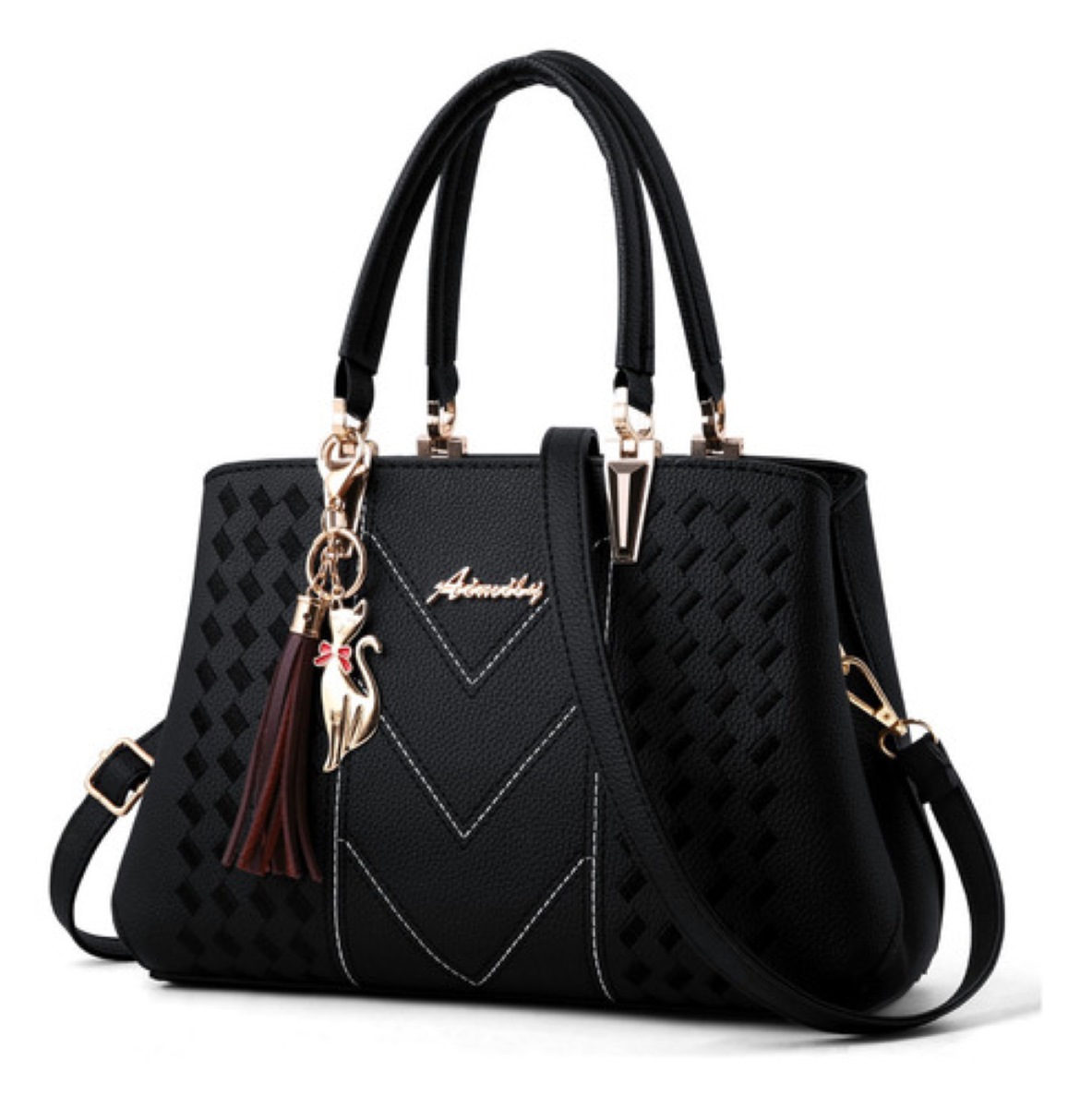 Bolsa Mano Para Mujer De Moda Negro con gato colgante