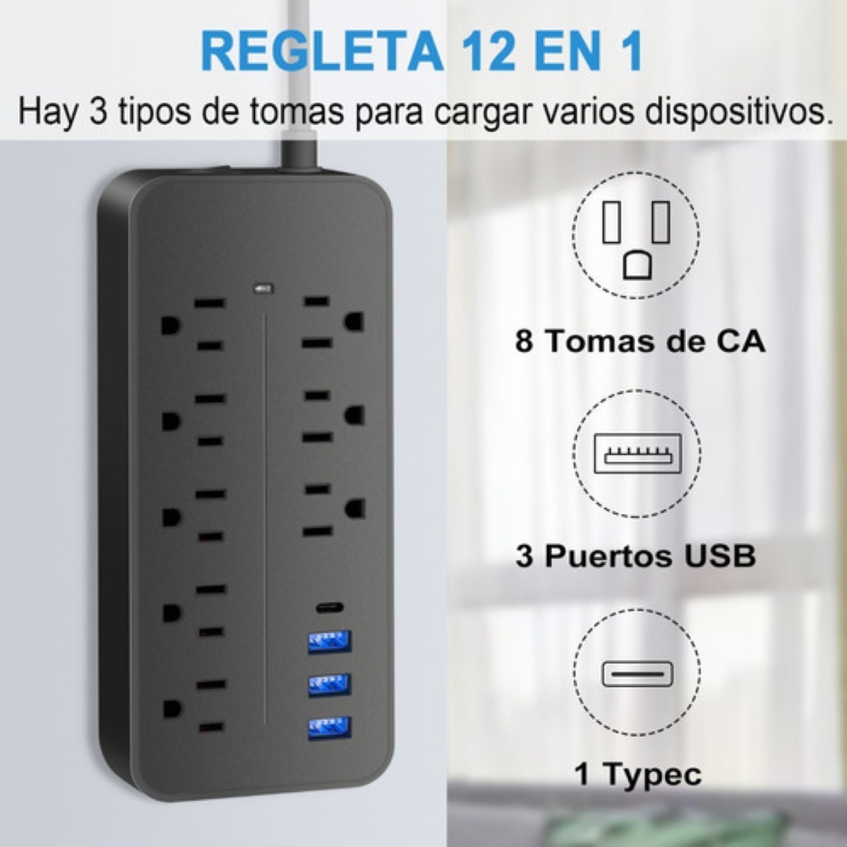 Regleta Cargador Multicontactos Con 8 Salidas 3 Usb 1 Tipo C Negro