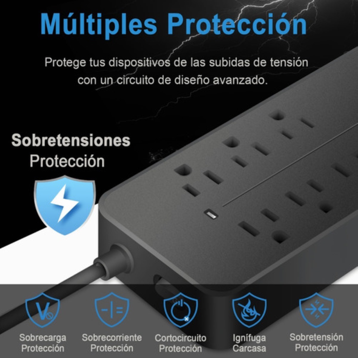 Regleta Cargador Multicontactos Con 8 Salidas 3 Usb 1 Tipo C Negro