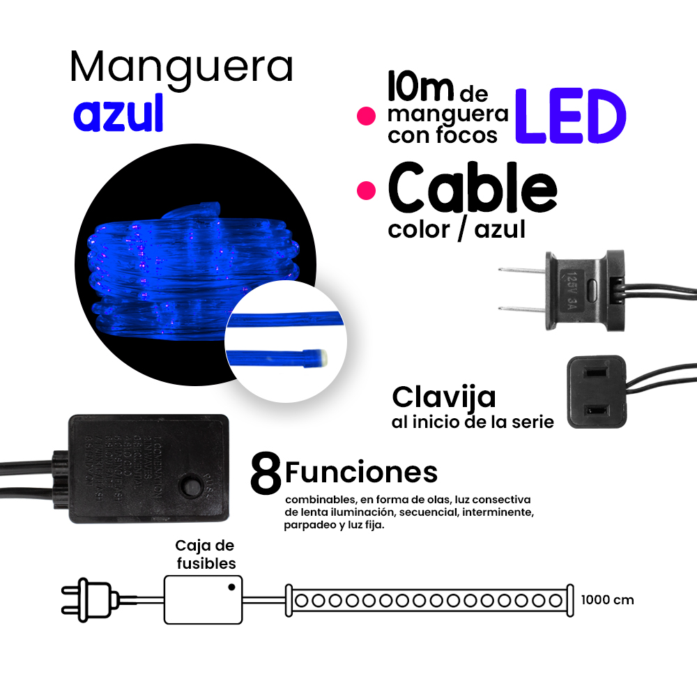 Manguera Decorativa Luz Led Azul Uso Exterior/Interior Cable Recubierto Gel 10 m