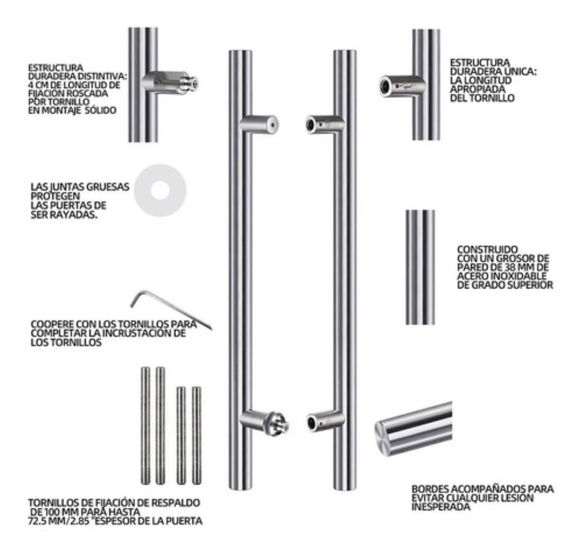 Jaladera Acero Inoxidable Tipo H Puerta Cristal,60cm Plata 
