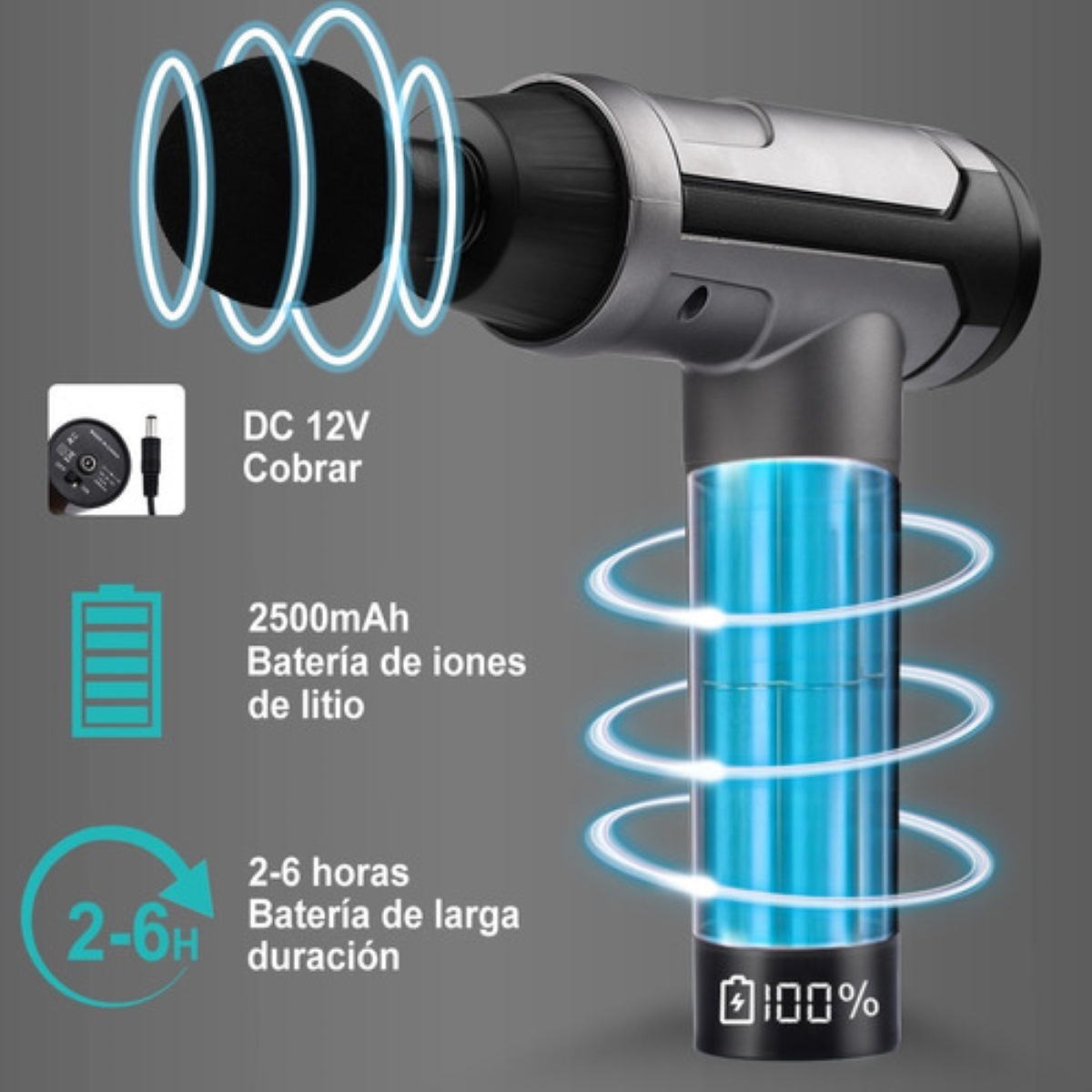 Pistola De Masaje Masajeador Electrico 10 Cabezales Gris 