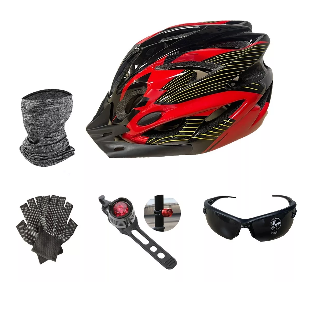 Casco De Bicicleta+lentes+máscara+luz Trasera+guantes Talla M Rojo