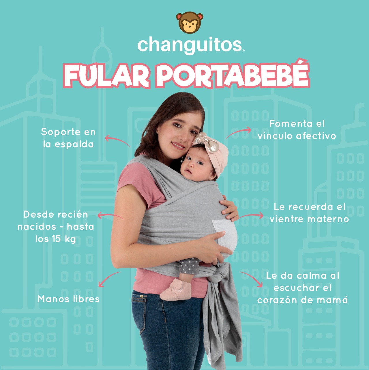 Rebozo Fular Semielástico Changuitos Portabebé 10 Colores Color Palo de Rosa