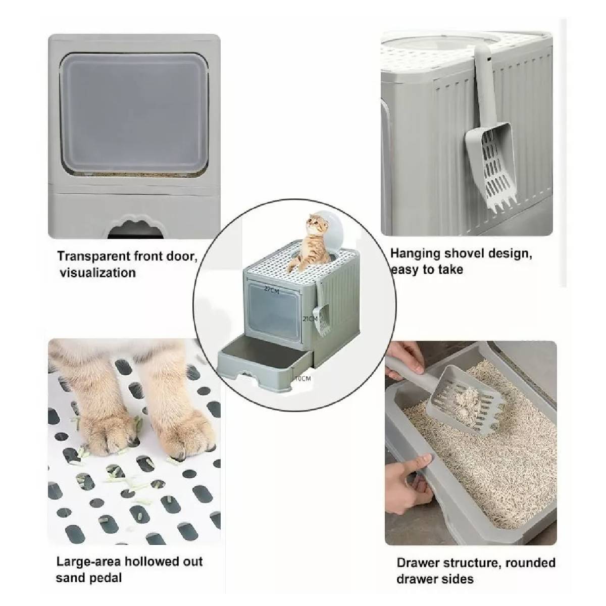 Caja De Arena Portátil Para Gatos Con Tapa Bandeja De Arena Gris