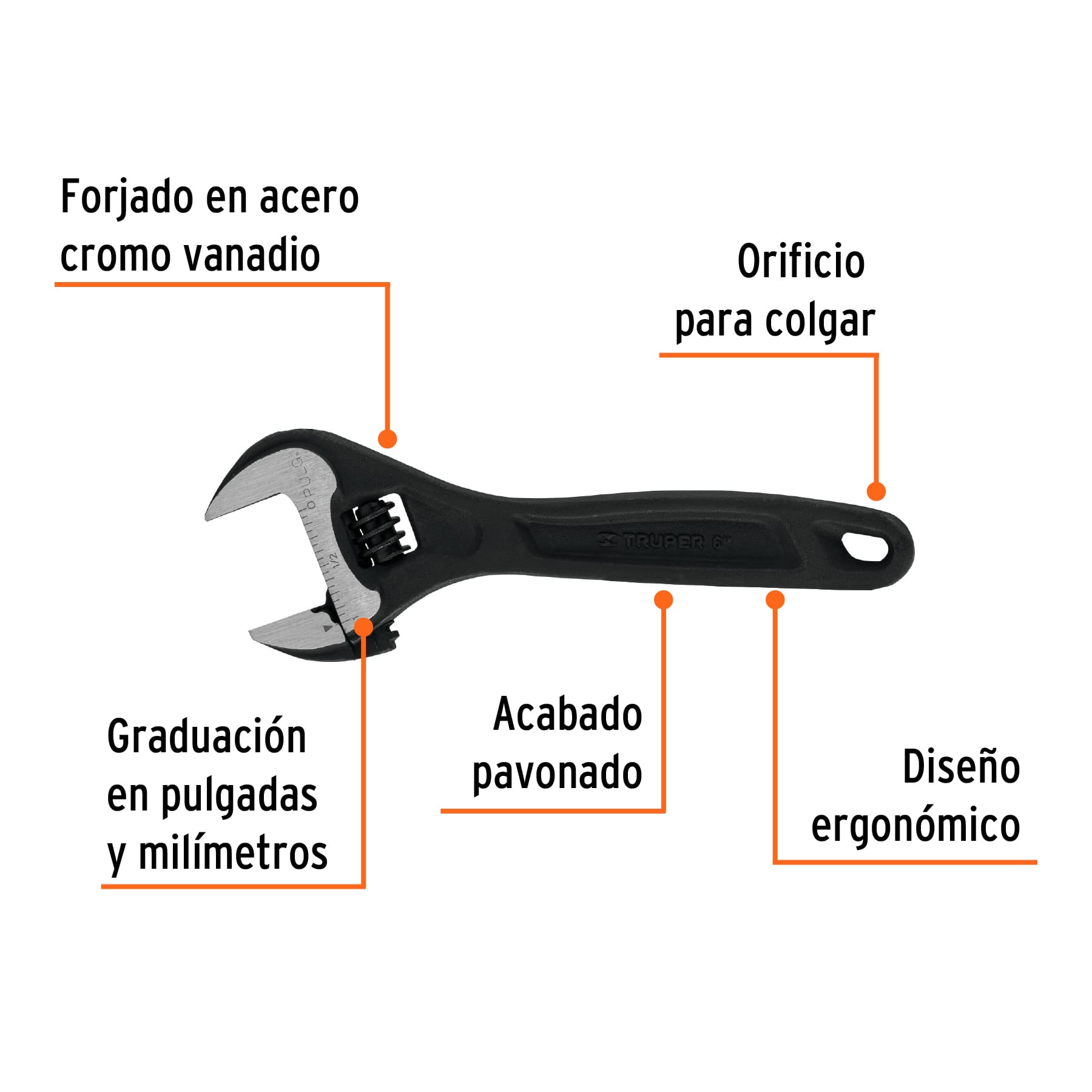 LLAVE AJUSTABLE (PERICO) 6" PROFESIONAL PAVONADA, TRUPER EXPERT 15500