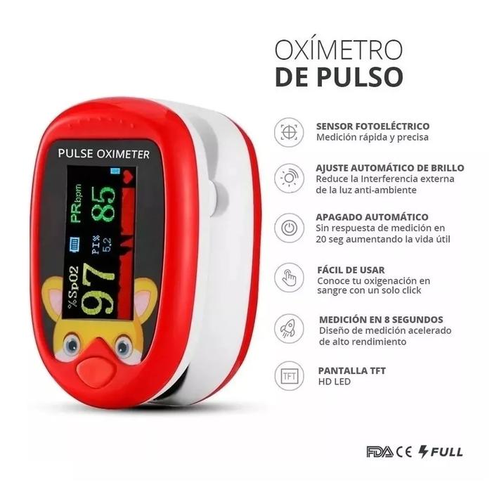 Oxímetros recargables MXOXK-001-27 1Pza Rojo Rango de Medición 70porciento -99porciento Spo2 30 240BPM mas menos 2BPM o mas menos 2porciento PR, OxiKid