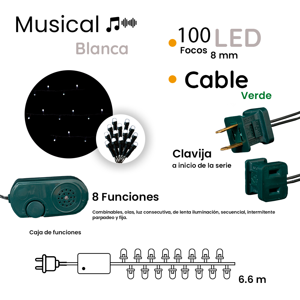 Serie Tira Navideña 100 Focos Luz Led Fría Blanca 5 mts Recubrimiento Verde Navicolors