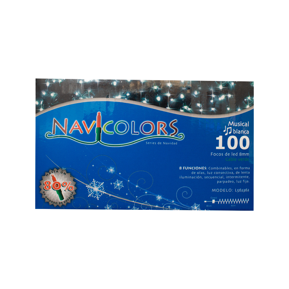 Serie Tira Navideña 100 Focos Luz Led Fría Blanca 5 mts Recubrimiento Verde Navicolors