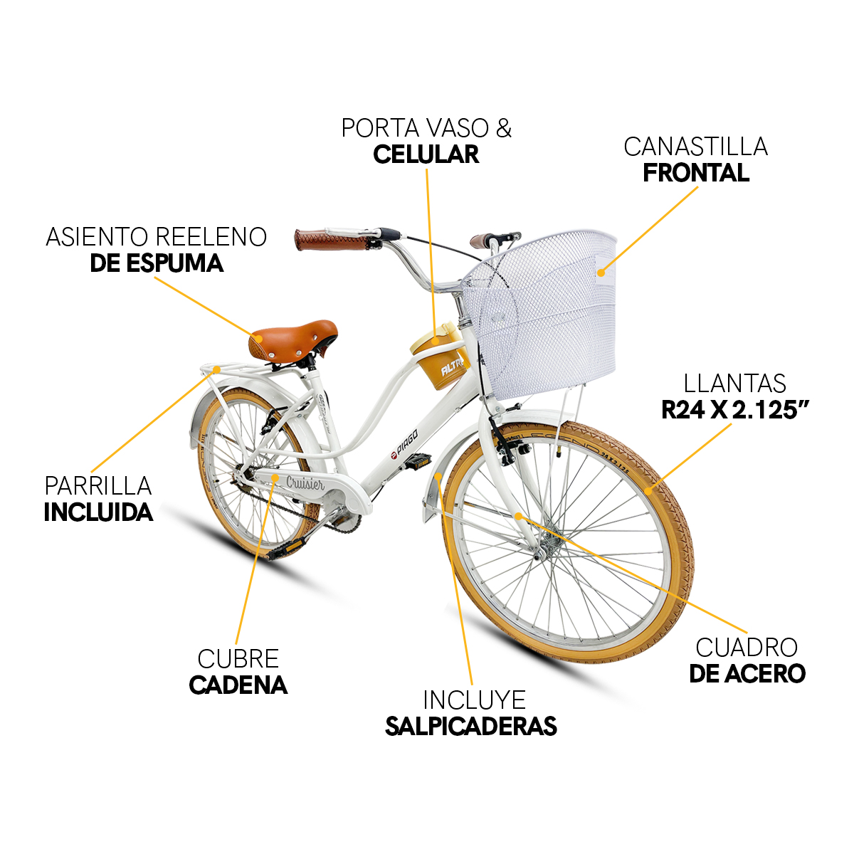 Bicicleta R24 Urbana Cruisier Con Canastilla Y Parrilla Armonia Blanca 