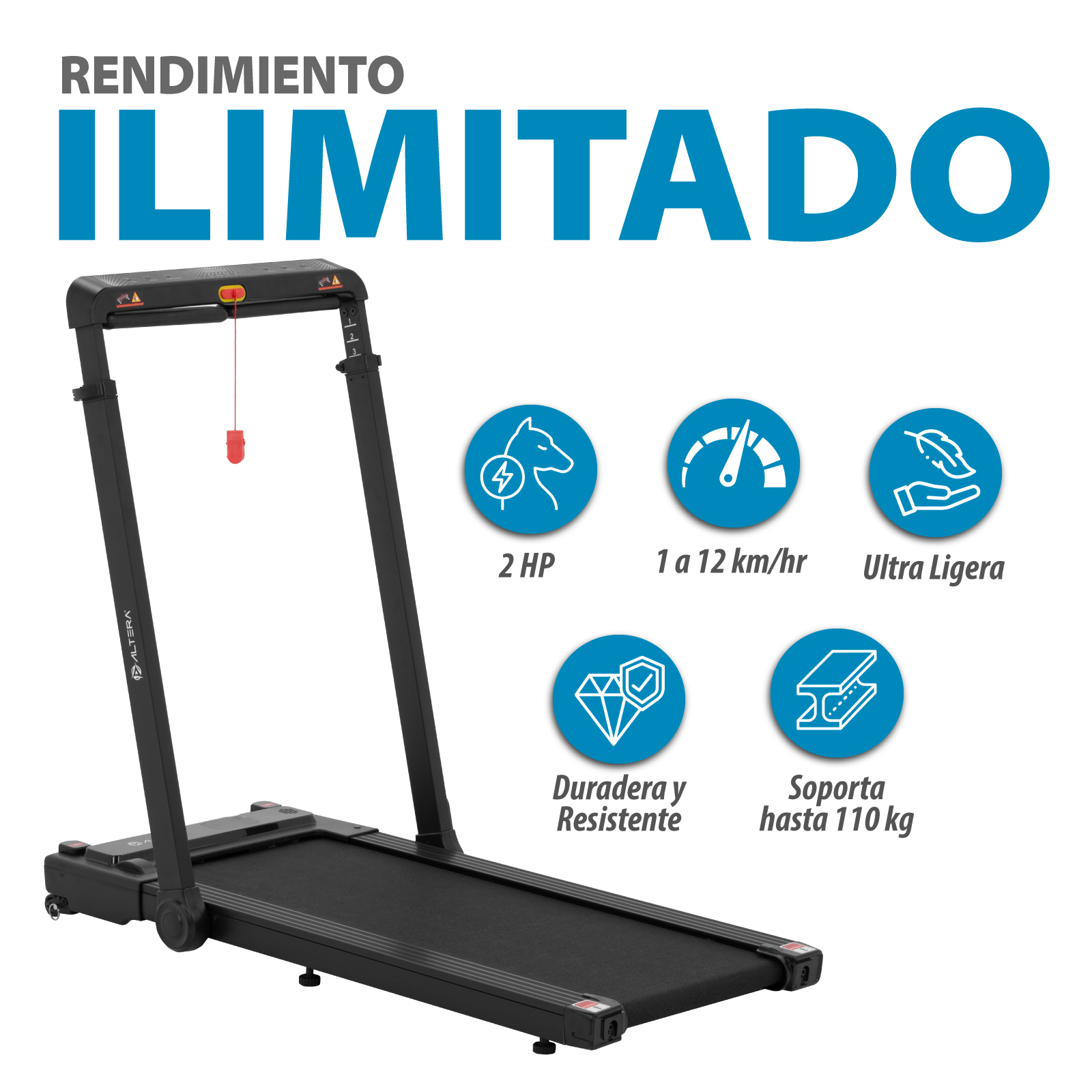 Caminadora Eléctrica Altera Velocidad 12 km/h 2 HP Bocinas Bluetooth 4 Niveles de Altura Control Fit Watch