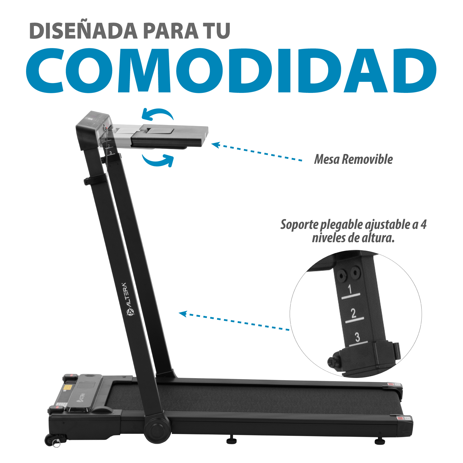 Caminadora Eléctrica Altera Velocidad 12 km/h 2 HP Bocinas Bluetooth 4 Niveles de Altura Control Fit Watch