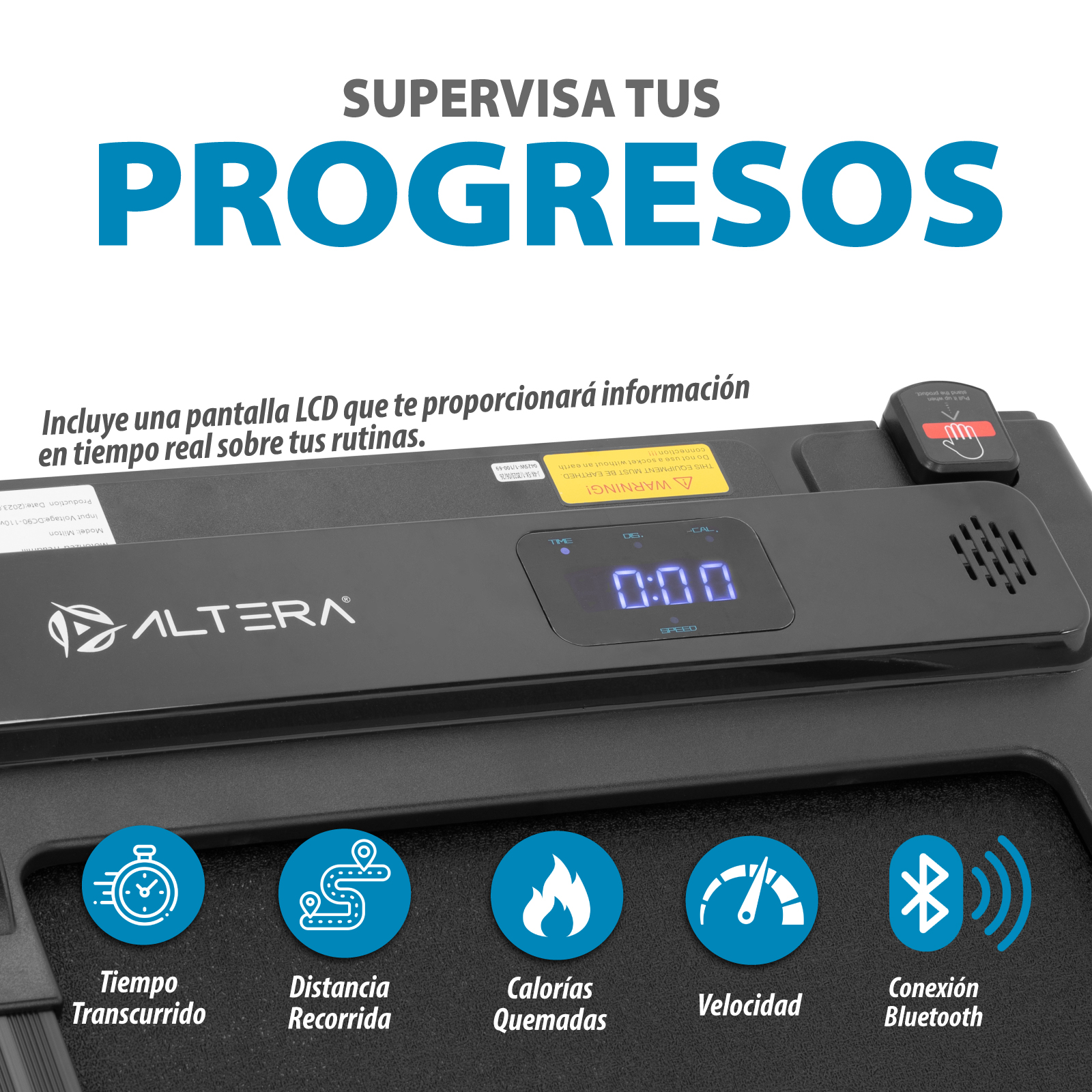 Caminadora Eléctrica Altera Velocidad 12 km/h 2 HP Bocinas Bluetooth 4 Niveles de Altura Control Fit Watch