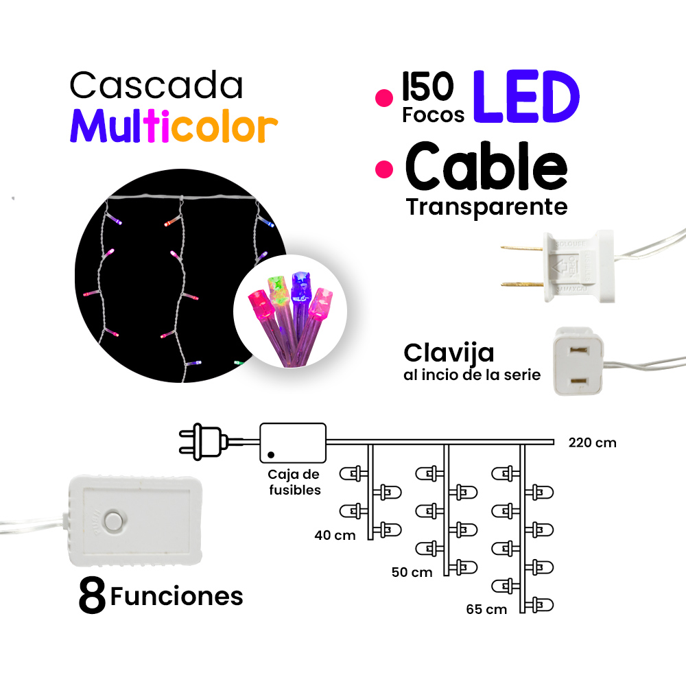 Serie de Luces Decorativa Luz Led Multicolor 150 Focos 8 funciones Cable Transparente 2 m