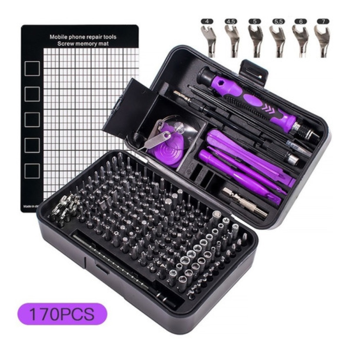Kit 170 Destornilladores Puntas Magnéticas Repara Pc Celular Negro Con Morado 