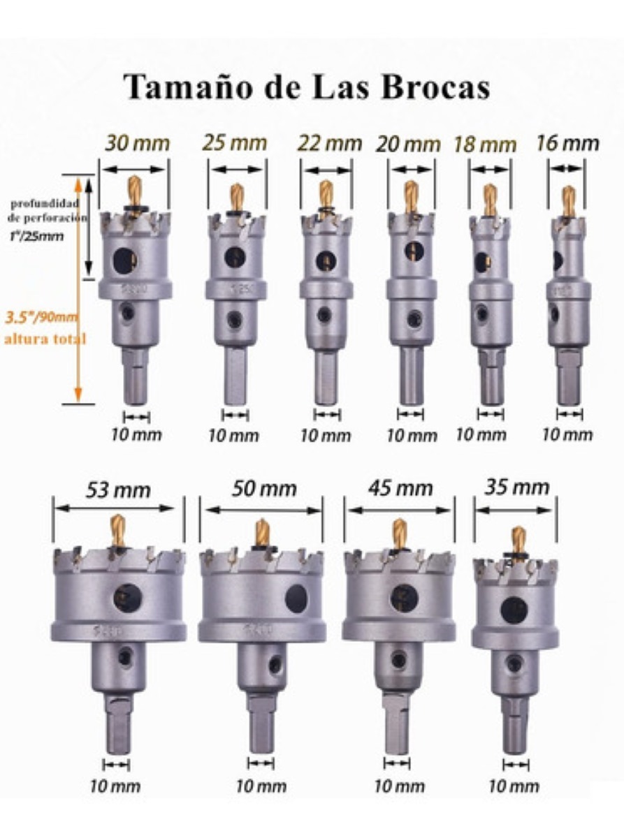10 Brocas 16-53mm Metal Acero Inoxi Hierro Carburo Plata