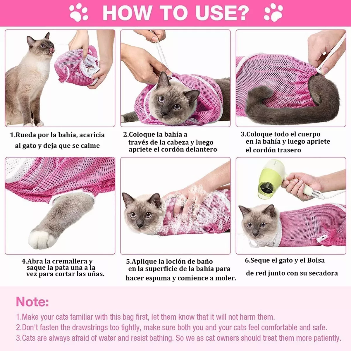 Bolsa Para Bañar/corte Uña Gato Bolsa De Baño Para Mascotas Rosa