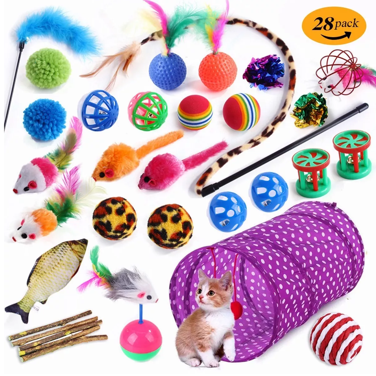 Kit Juguetes Para Gato 28 Pcs Pluma Varita Bola Túnel Ratone