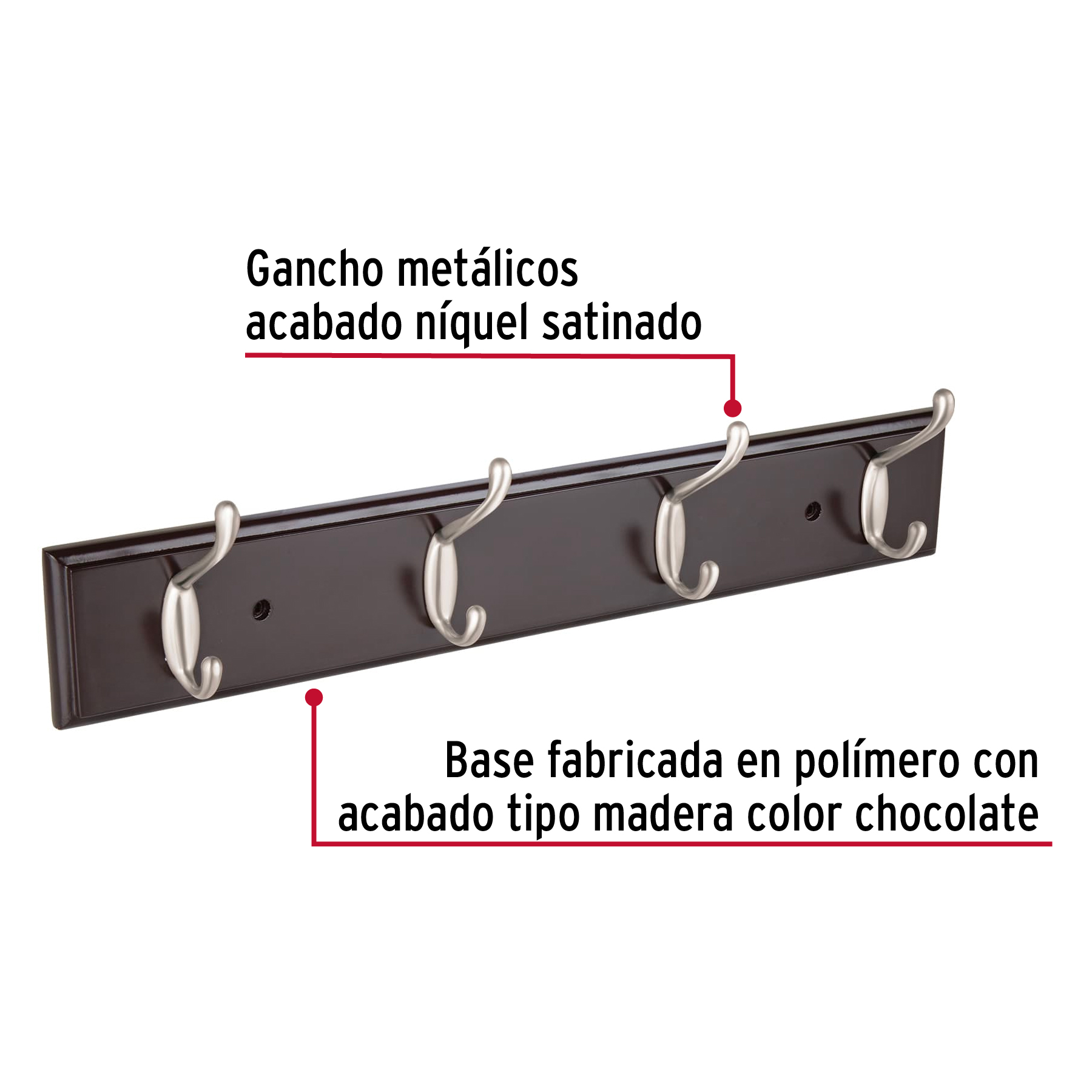 PERCHERO PARA PARED CON 4 GANCHOS SATINADOS, HERMEX 49624