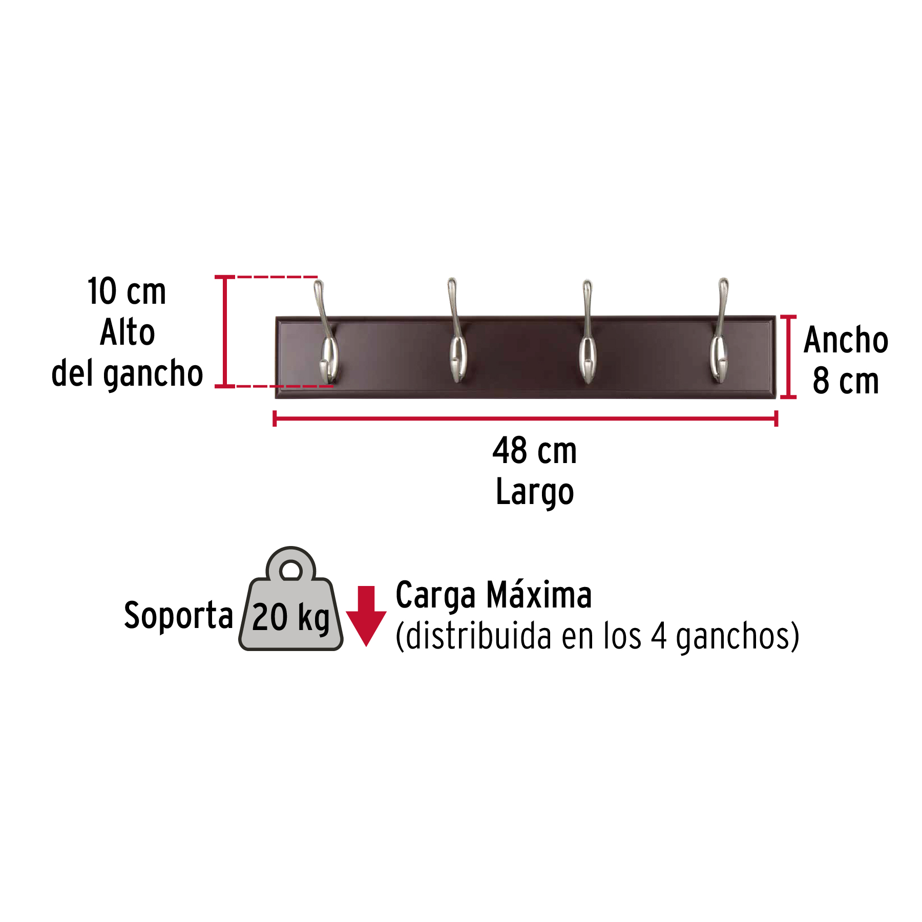 PERCHERO PARA PARED CON 4 GANCHOS SATINADOS, HERMEX 49624