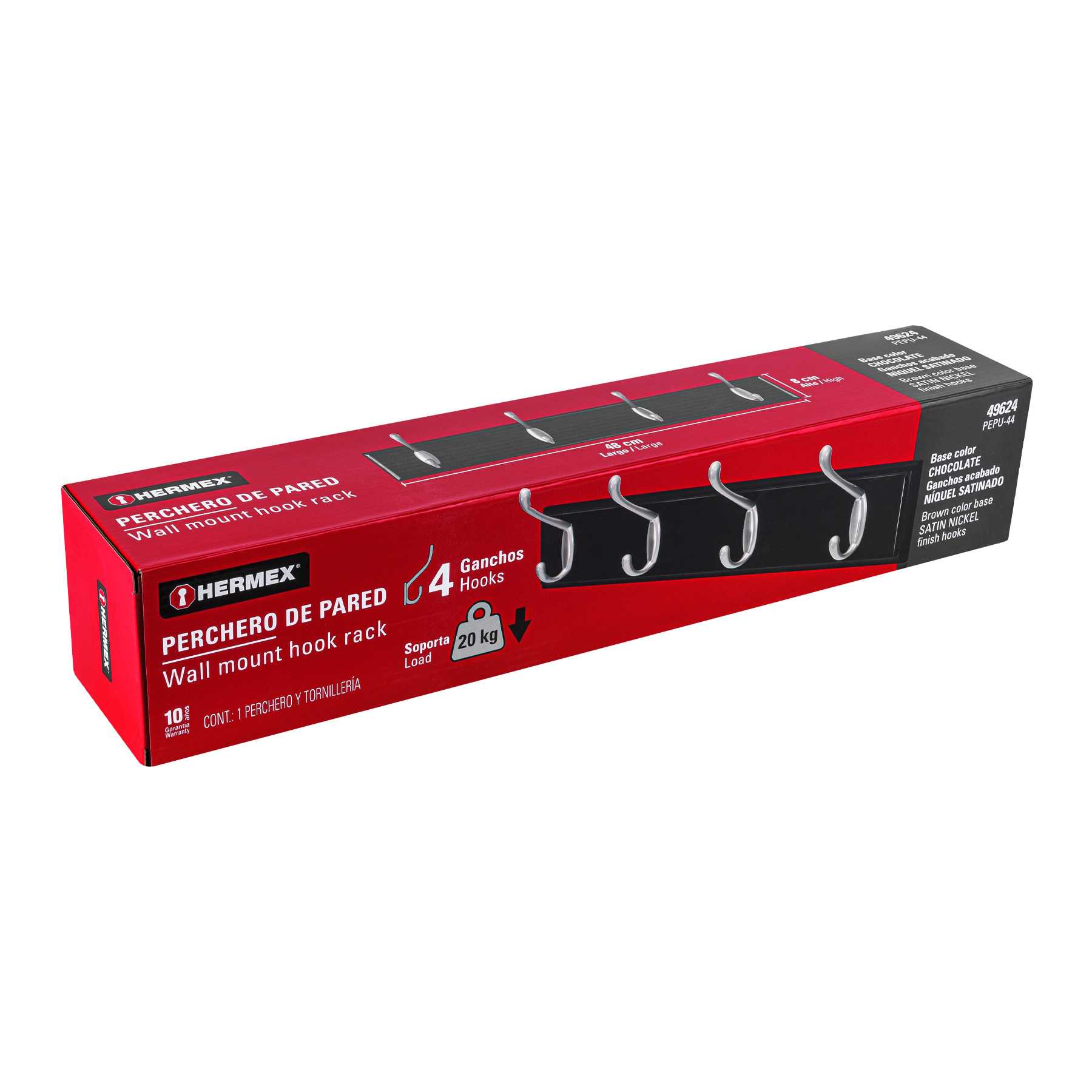 PERCHERO PARA PARED CON 4 GANCHOS SATINADOS, HERMEX 49624