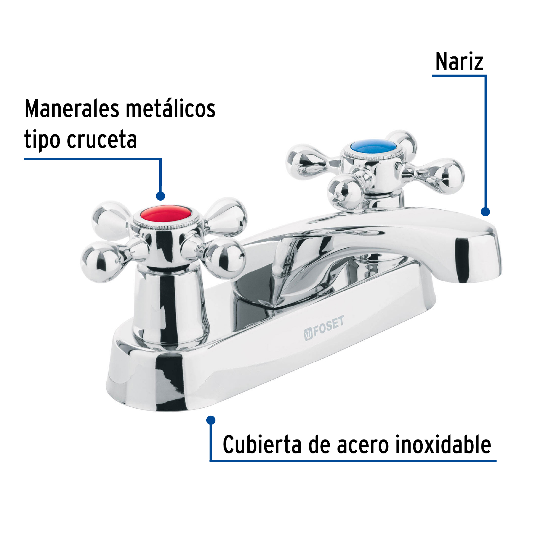 MEZCLADORA 4" PARA LAVABO, NARIZ LARGA, MANERALES CRUCETA FOSET 47680