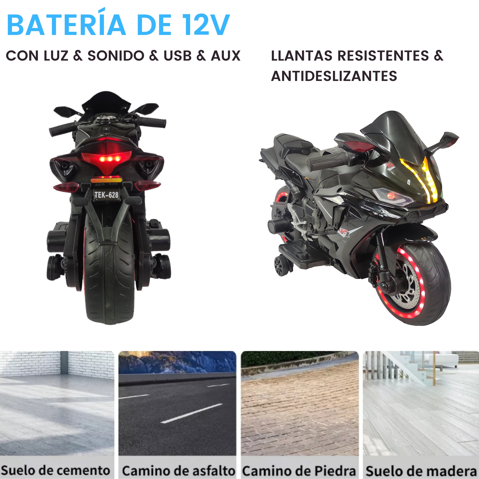 Motocicleta Montable Eléctrica Tres Ruedas Luz LED 12v  - Negro