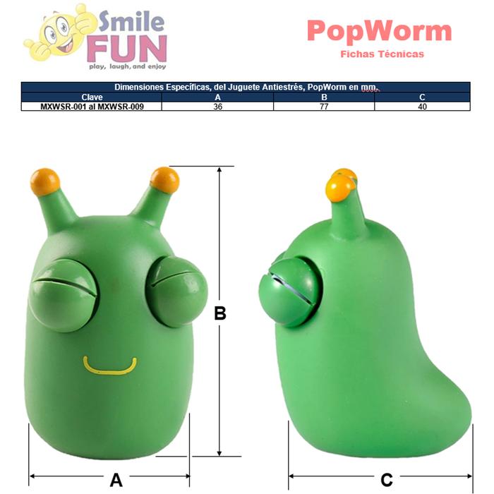 Juguetes Antiestrés MXWSR-001-1 1Pza Gusano Goma Blanda TPR Verde, PopWorm