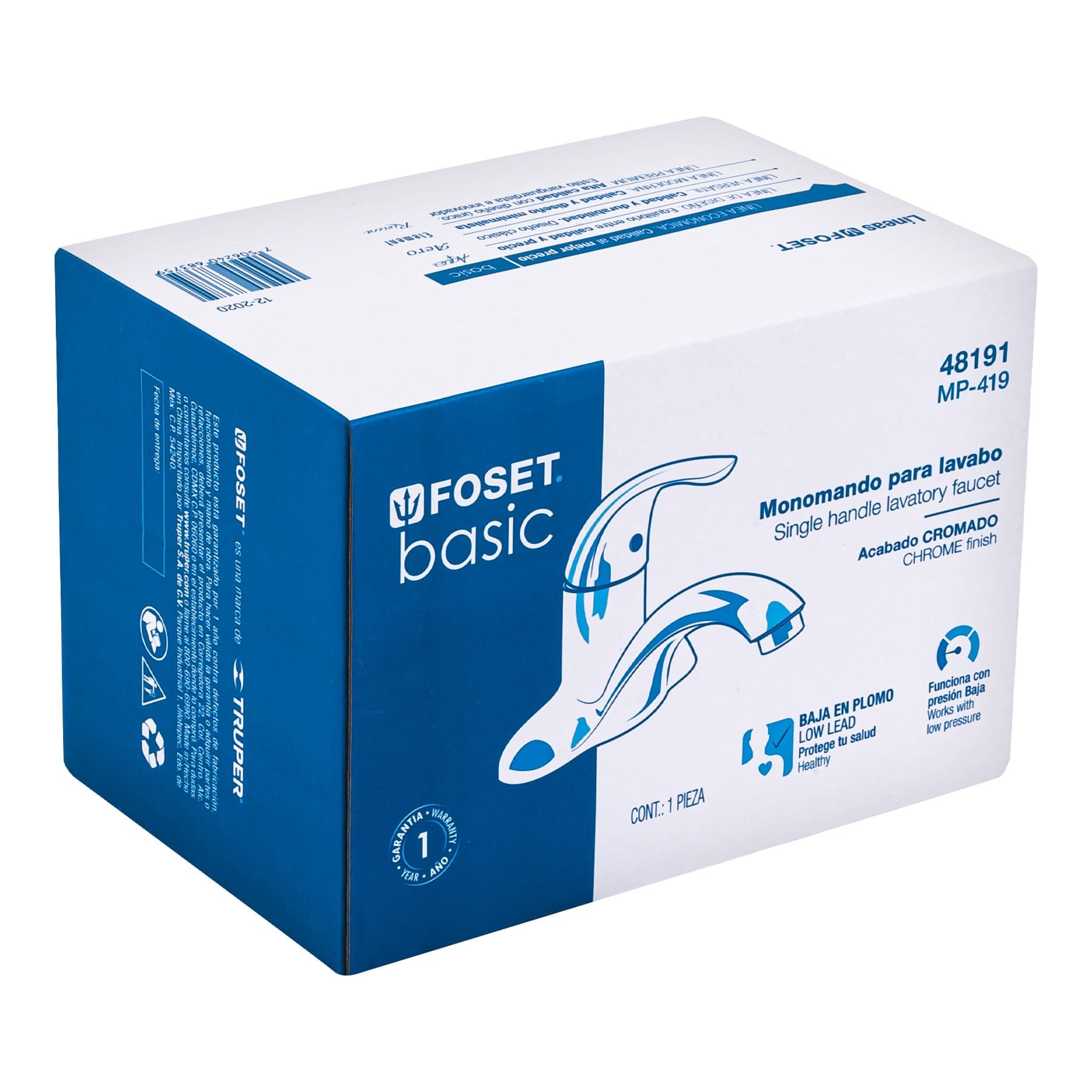 MONOMANDO PLÁSTICO PARA LAVABO, NARIZ CURVA, FOSET 48191