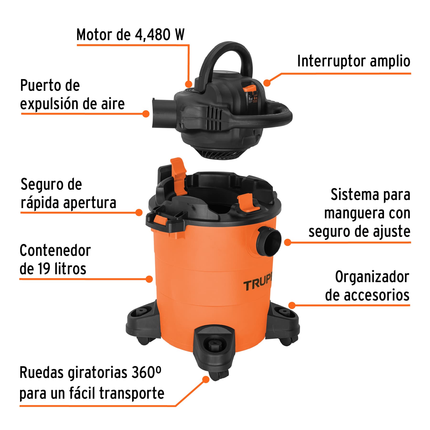 ASPIRADORA/SOPLADORA DE SÓLIDOS Y LÍQUIDOS 5 GAL, PLÁSTICA TRUPER 101521