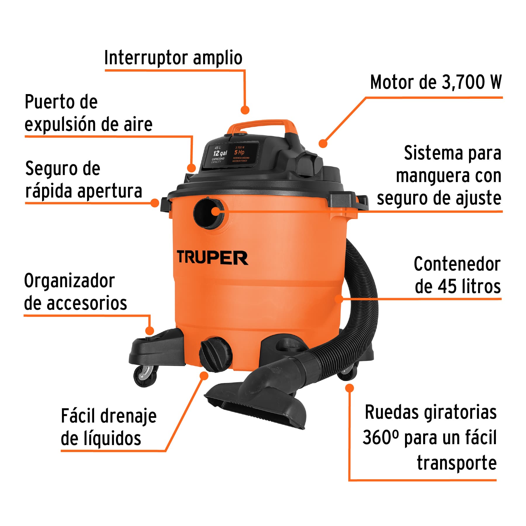 ASPIRADORA DE SÓLIDOS Y LÍQUIDOS DE 12 GAL, PLÁSTICA, TRUPER 101509