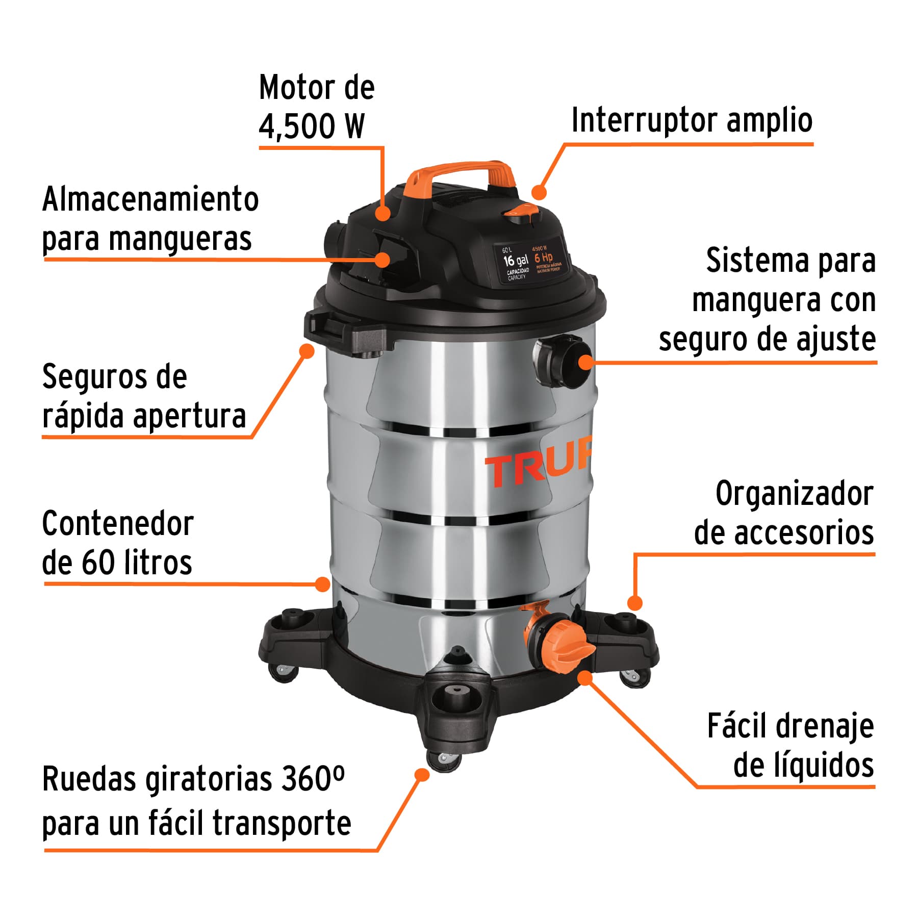 ASPIRADORA DE 16GAL EN ACERO INOX, SÓLIDOS-LÍQUIDOS, TRUPER 101525