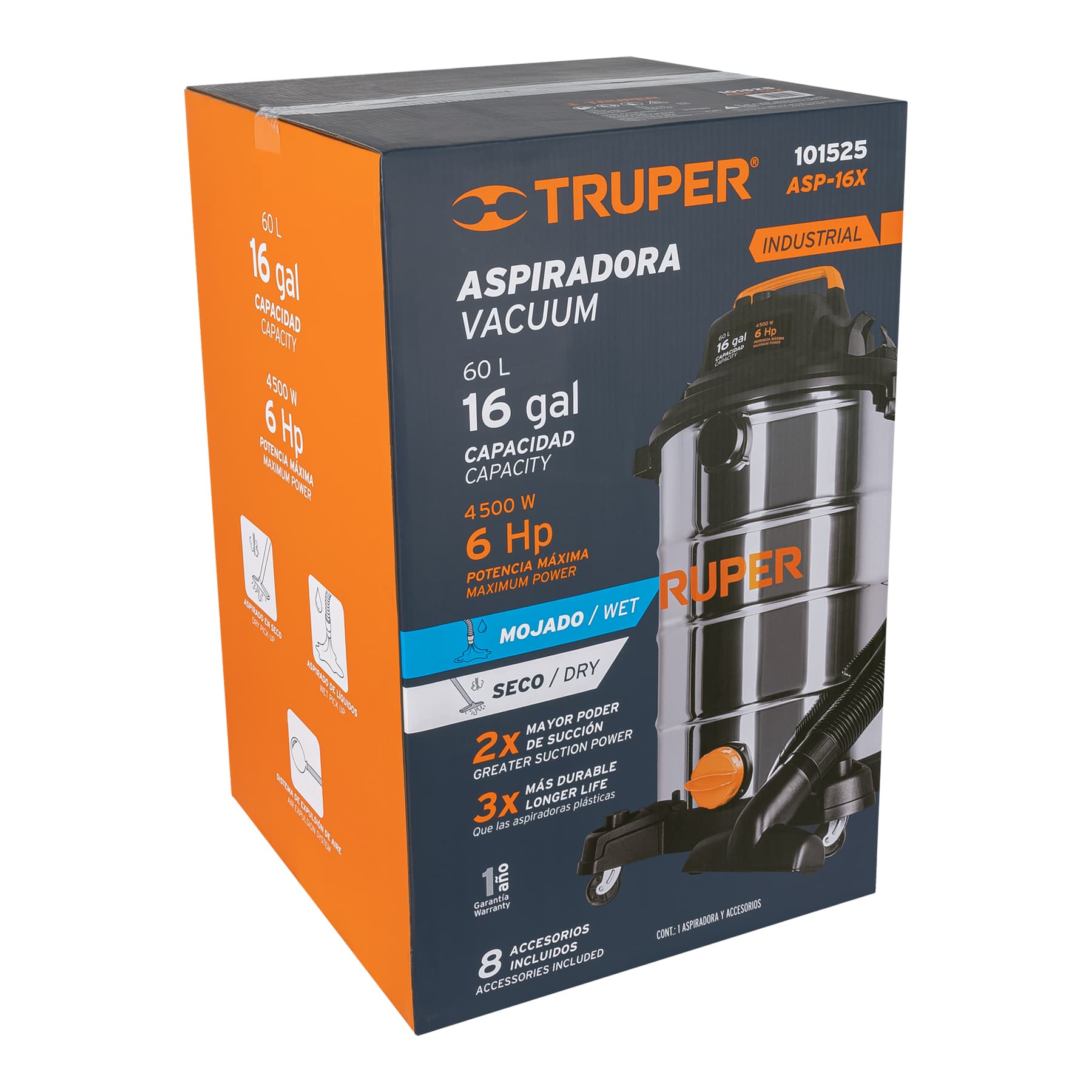 ASPIRADORA DE 16GAL EN ACERO INOX, SÓLIDOS-LÍQUIDOS, TRUPER 101525