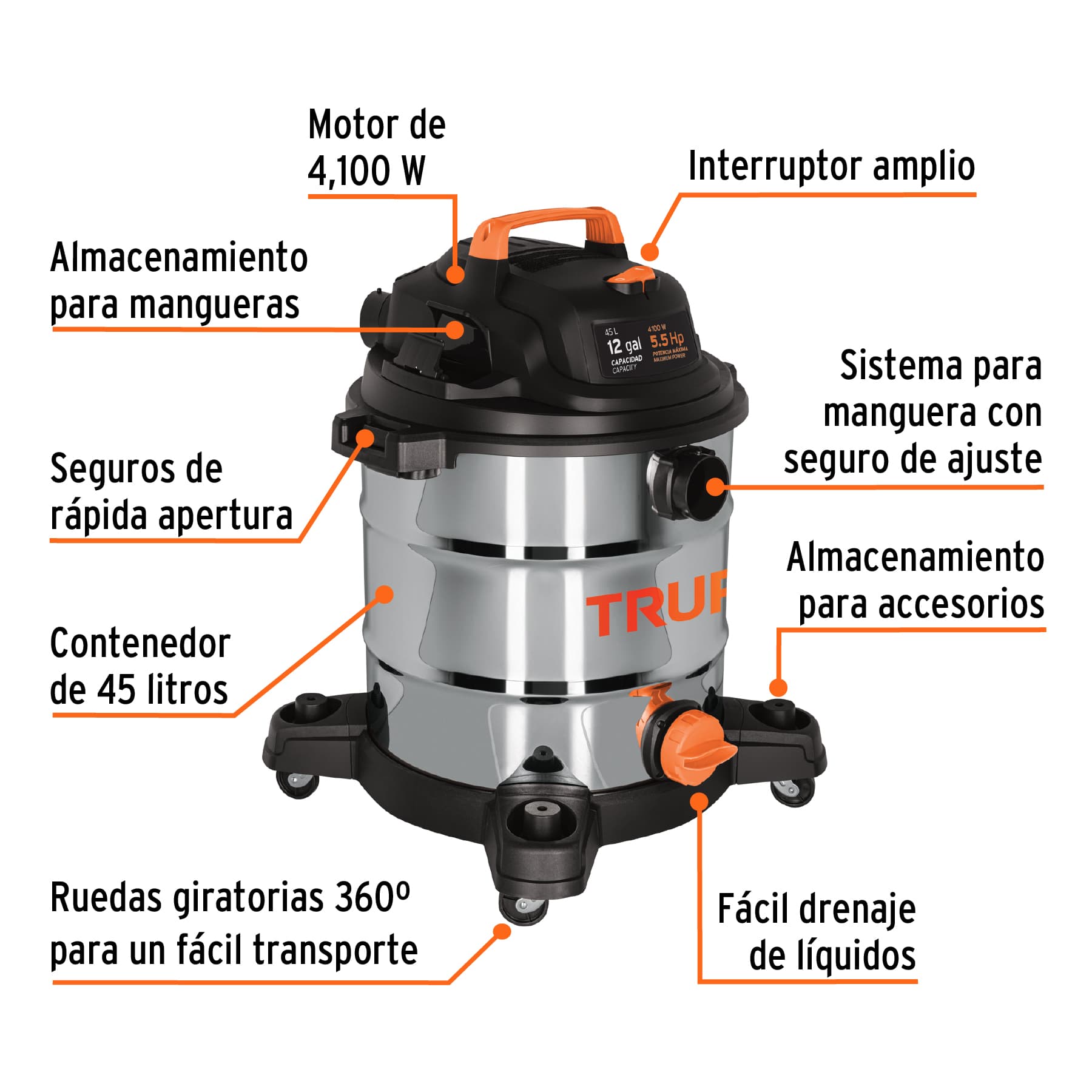ASPIRADORA DE SÓLIDOS Y LÍQUIDOS DE 12 GAL EN ACERO INOX TRUPER 101524