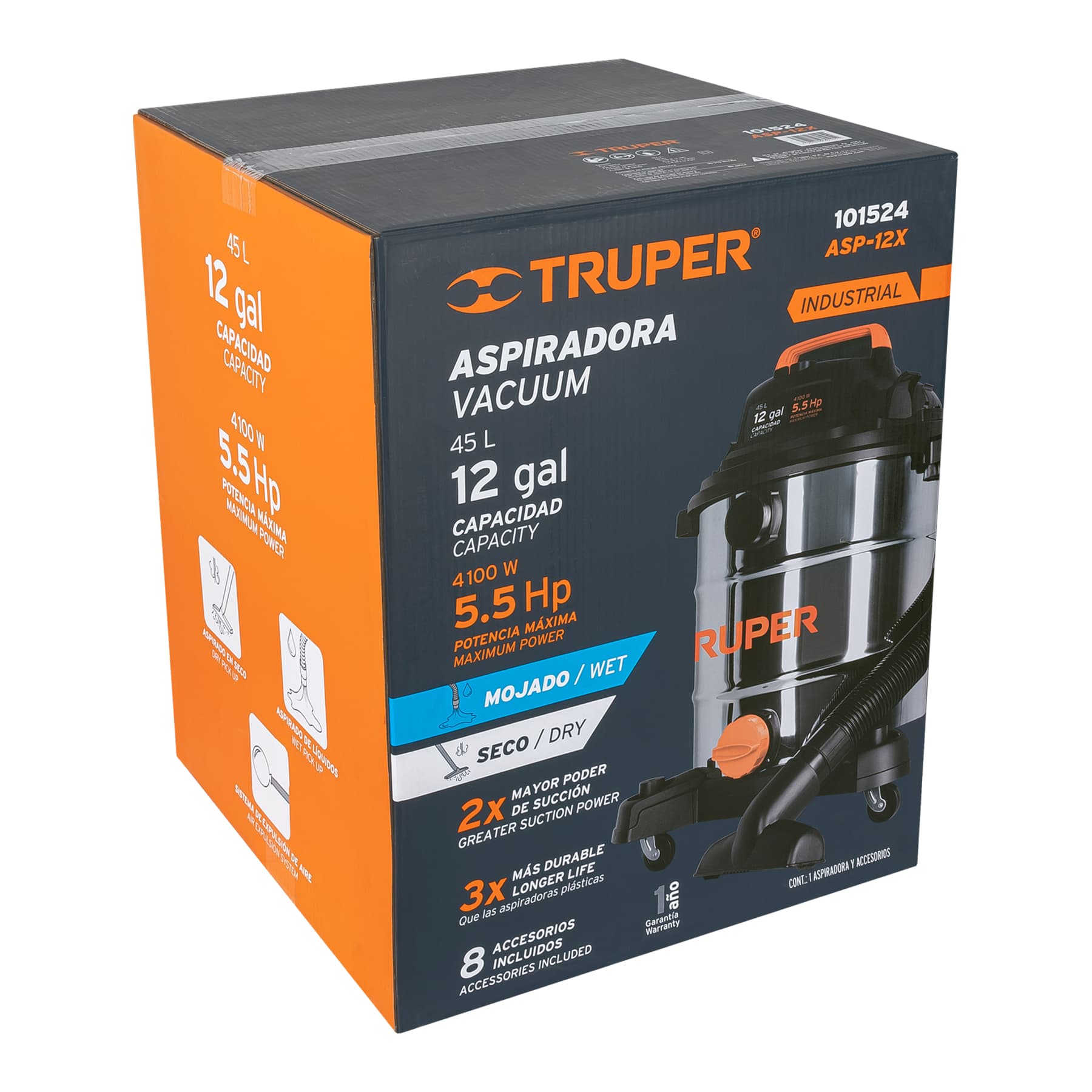 ASPIRADORA DE SÓLIDOS Y LÍQUIDOS DE 12 GAL EN ACERO INOX TRUPER 101524